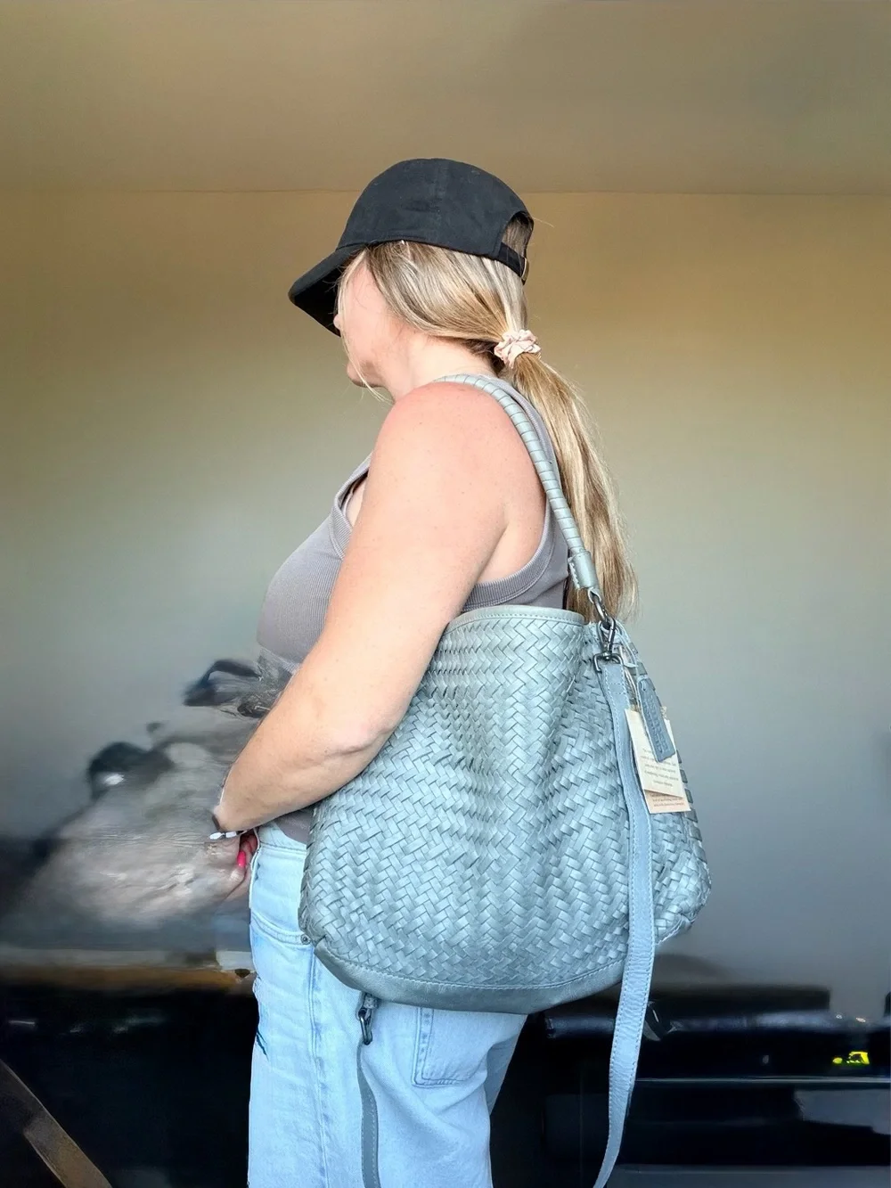 Real leather blue/gray hobo bag